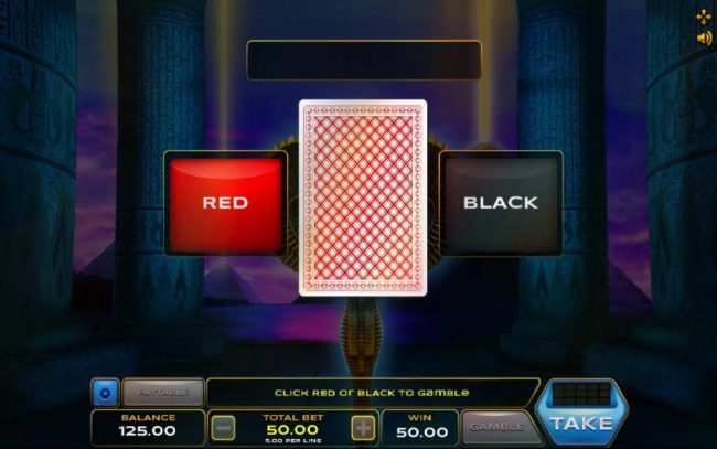 Gamble feature game board is available after every winning spin. For a chance to increase your winnings, select the correct color of the next card or take win.