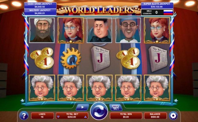 A political themed main game board featuring five reels and 18 paylines with a progressive jackpot max payout