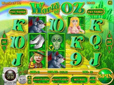 Main game board featuring five reels and 50 paylines with a $750 max payout