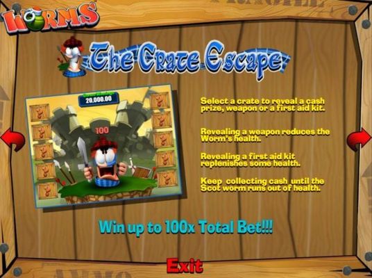 The Crate Escape - Win up to 100x total bet! Keep collecting cash until the Scot worm runs out of health.