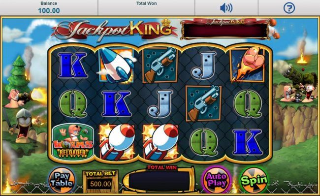Main game board featuring five reels and 20 paylines with a progressive jackpot max payout