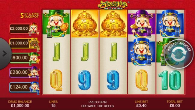An Asian cultural themed main game board featuring five reels and 15 paylines with a progressive jackpot max payout