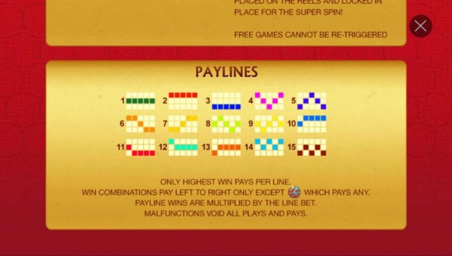 Payline Diagrams 1-15. Only highest win pays per line. Win combinations pay left to right only except scatters which pays any.