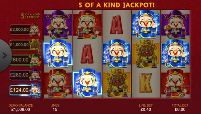 A winning Five of a Kind triggers a progressive jackpot payout.