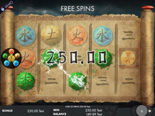 A winning Four of a Kind triggers a 250.00 jackpot win during the free spins feature..