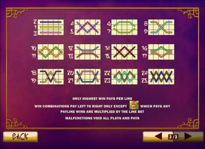 Payline Diagrams 1-25. Only highest win pays per line. Win combinations pay left to right only except dragon head scatter symbol which pay any. Payline wins are multiplied by the line bet.