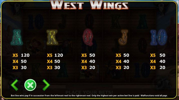 West Wings :: Paytable - Low Value Symbols
