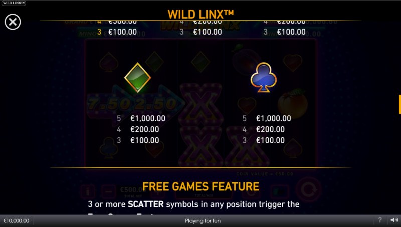 Wild Linx :: Paytable - Low Value Symbols