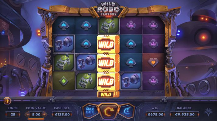 Wild Robo Factory :: Stacked wild triggers a four of a kind and a re-spin