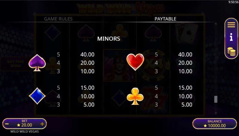 Wild Wild Vegas :: Paytable - Low Value Symbols