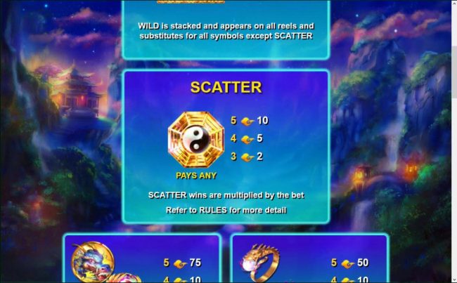 The scatter symbol is represented by the Yin-Yang symbol. Scatter wins are multiplied by the bet.