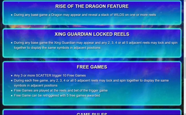 Game features include: Rise of the Dargon Feature, Xing Guardian Locked Reels and Free Games.