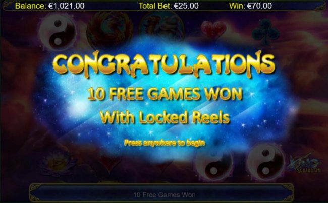 10 free games with locked reels awarded.