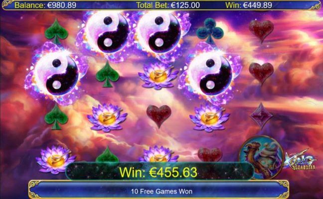 Four Yin-Yang scatter symbols awards a 449.89 payout and 10 free  games.