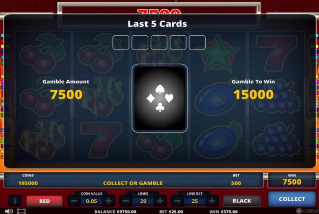 Gamble Feature - To gamble any win press Gamble then select Red or Black.