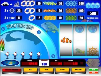 main game board featuring three reels and a single payline. win up to 500 coins when you bet max coin. play now.