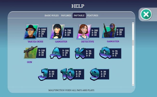 Slot game symbols paytable