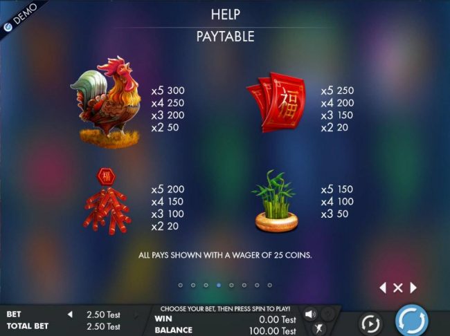 High value slot game symbols paytable featuring Chinese new year inspired icons.