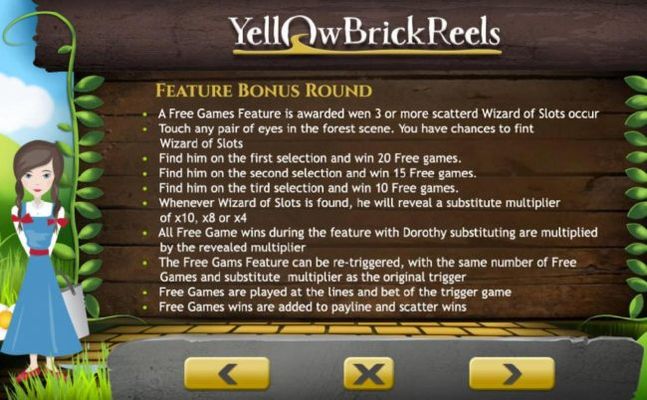Feature Bonus Round Rules - A free games feature is awarded when 3 or more scatterd Wizard of Slots appear.