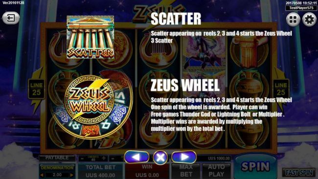 Scatter appearing on reels 2, 3 and 4 starts the Zeus Wheel bonus.