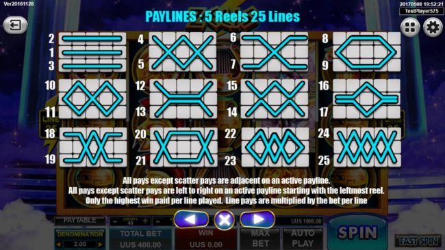 Payline Diagrams 1-25. All pays except scatter pays are adjacent on an active payline. All pays except scatter pays are left to right on an active payline starting with the leftmost reel. Only the highest win paid per line played.