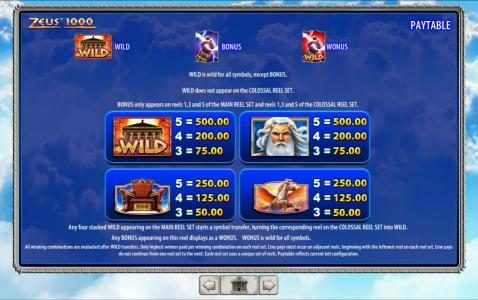 High value slot game symbols paytable. Symbols include the Parthenon WILD, Zues, a throne and Pegasus
