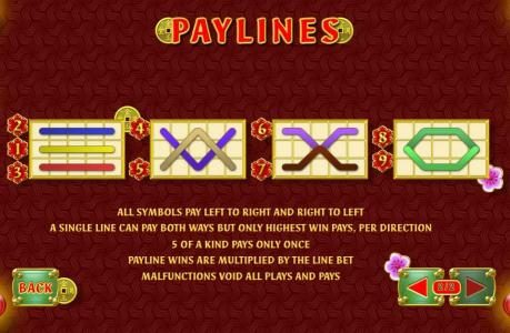 Payline Diagrams 1-9. Only highest win pays per line. Win combinations pay left to right only except gold hat scatter symbol which pay any. Payline wins are multiplied by the line bet.