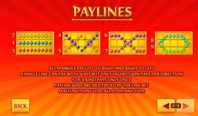Payline Diagrams 1-9. All symbols pay left to tright and right to left.