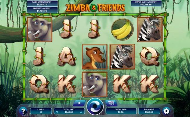 A safari themed main game board featuring five reels and 12 paylines with a progressive jackpots max payout