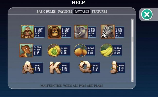 Slot game symbols paytable featuring animal themed icons.