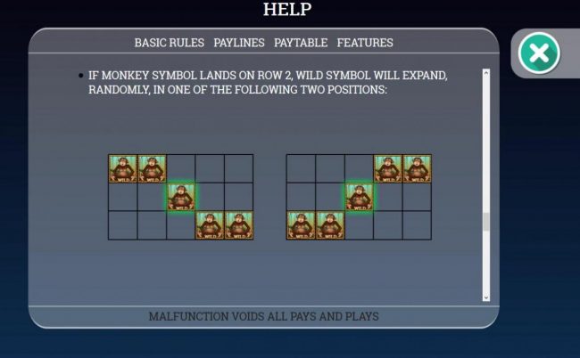 If monkey symbols alnds on row 2, wild symbols will expand, randomly, in one of the following two positions.