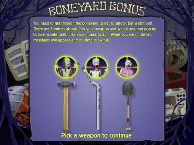 you need to get through the boneyard to get to safety. but watch out. there are zombies about. pick your weapon and whack any that pop up to clear a safe path.
