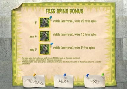 FREE SPIN BONUS - The bonus game starts when you see or more BONUS symbols on the screen (scattered).